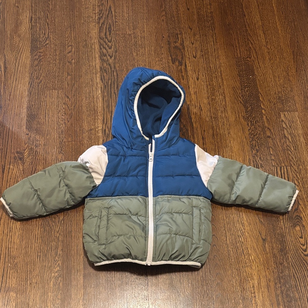 Jumping beans size 3T Hooded Puffer Jacket in Blue, Sage & cream